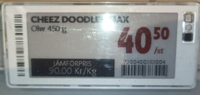 Prisskylt för Olw Cheez Doodles Max 450 g med priset 40,50 kr/st och jämförpris 90,00 kr/kg.