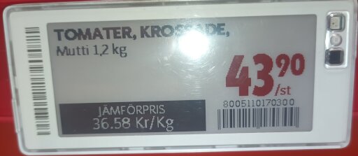 Prisskylt för Mutti krossade tomater, 1,2 kg, med priset 43,90 kr/st och jämförpris 36,58 kr/kg.