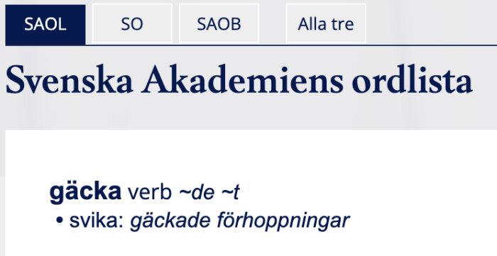 SAOL-uppslag för ordet "gäcka" med betydelsen "svika; gäckade förhoppningar".