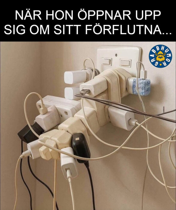 Överladdad elkontakt med flera adaptrar och sladdar i ett eluttag, komiskt illustrerat med text ovanför.