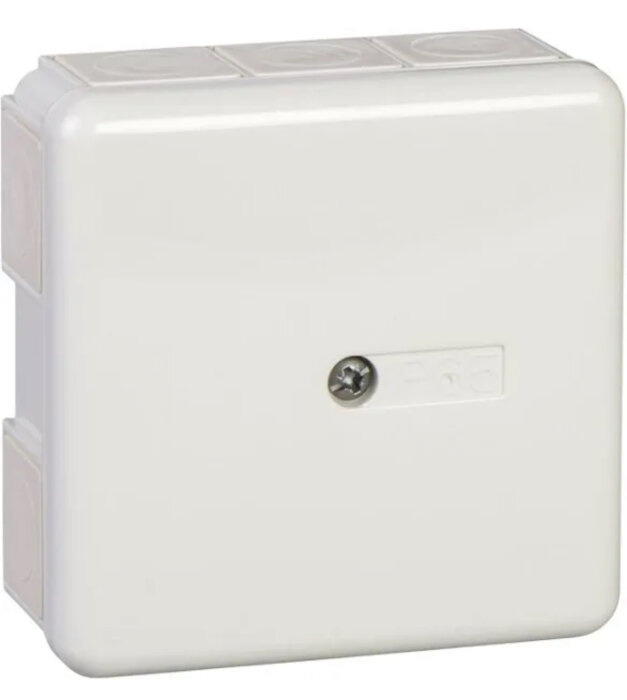 Vit utanpåliggande kopplingsdosa med skruv framtill, passande för kabelinstallationer.