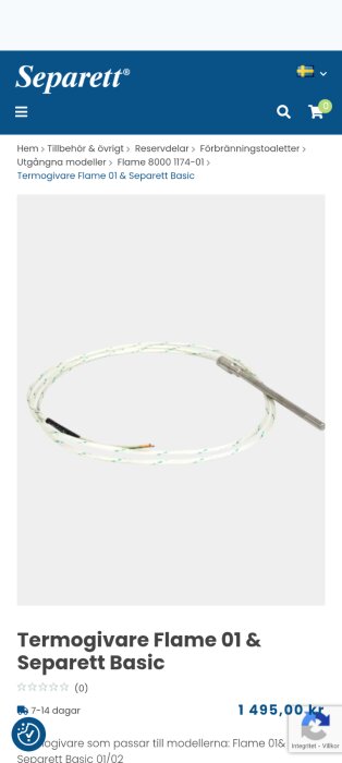 Bild på termogivare för förbränningstoalett, visad med vit kabel och metallprobe. Produktbeskrivning och pris syns också.