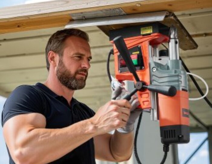 Man använder en stor borrmaskin för byggprojekt under trätak.