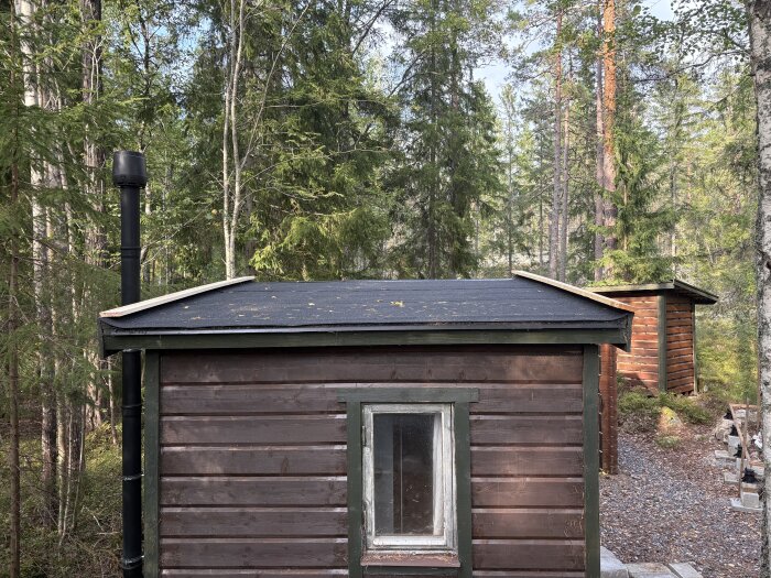 Litet trähus med nytt tak och tillfälliga vattbrädor, omgivet av skog.