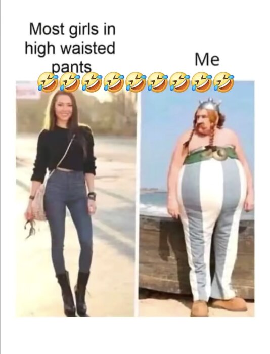 Humorbild med jämförelse mellan en ung kvinna i högmidjade byxor och en tecknad karaktär med randiga byxor och hjälm, med texter och skrattande emojis.