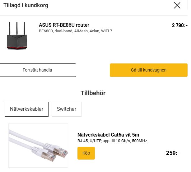 Bild av en nätbutikssida som visar en ASUS RT-BE86U router och en vit Cat6a nätverkskabel på 5 meter till salu.
