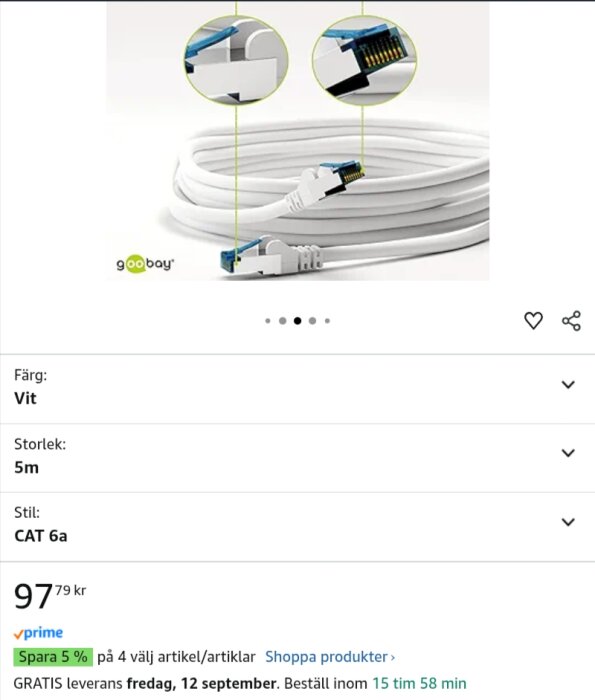 Vit 5m CAT 6a nätverkskabel från goobay med närbild på kontakterna, pris 97,79 kr på Amazon.
