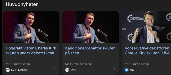 Tre nyhetsrubriker om skjutning av en konservativ debattör i USA, bilder på mannen vid en mikrofon.