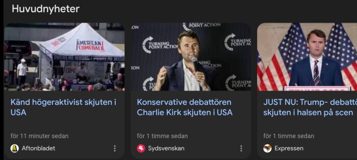 Nyhetsrubriker om högeraktivist och debattör skjutna i USA. Aftonbladet, Sydsvenskan och Expressen rapporterar.