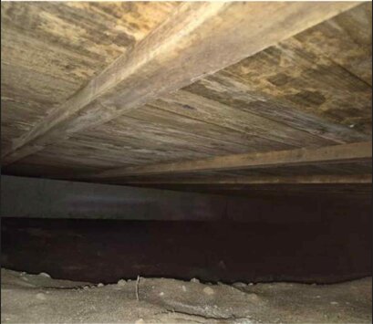 Brädor i en krypgrund med tecken på mögel och missfärgning, sandig mark under.