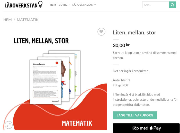 Liten, mellan, stor" kursmaterial för matematik i PDF-format från Läroverkstan, visas med pris och köpknappar.