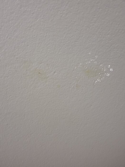 Klämd bild på vägg med två större blanka fläckar och flera små runtomkring, beskrivna som limaktiga och nyligen upptäckta i sovrummet.