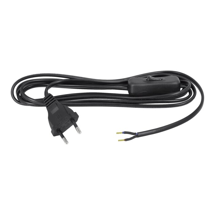 Svart nätsladd med stickkontakt, strömbrytare och två exponerade ändar. Används för att koppla en taklampa till ett vägguttag.