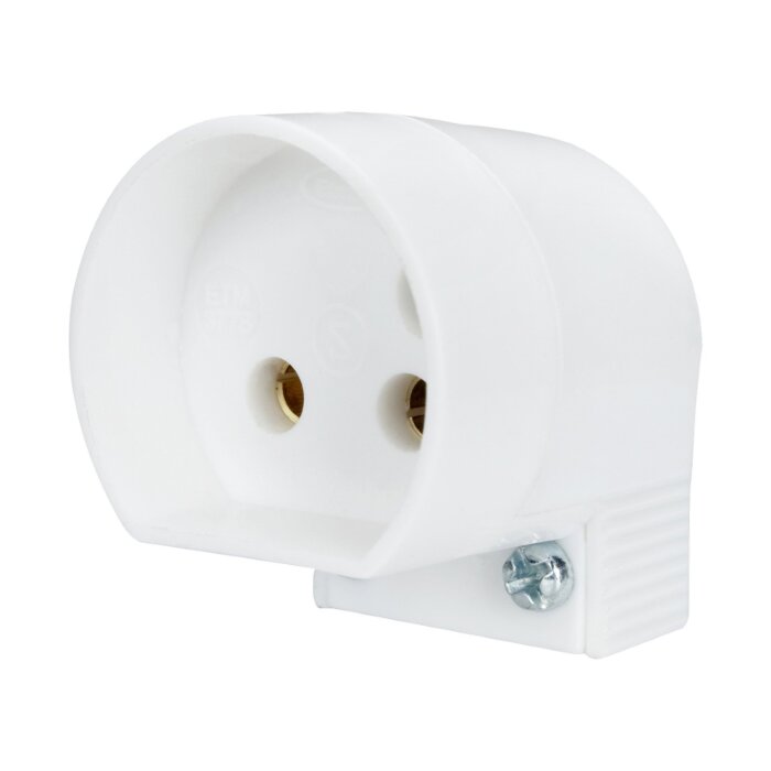 Vitt, vinklat vägguttag för två hål med skruvfäste, används för elektrisk anslutning.