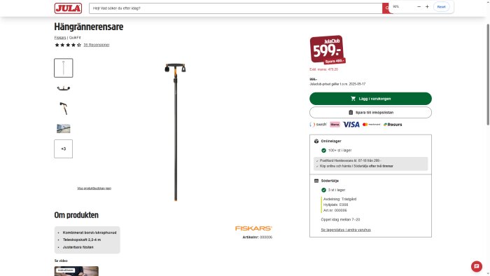 Hängrännerensare från Fiskars med teleskopskaft och kombinerat borst- och skraphuvud, perfekt för rensning av hängrännor och som grensåg.
