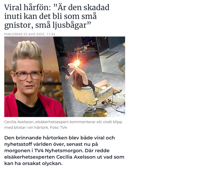 Elsäkerhetsexpert i TV-studio, och CCTV-bild av hårtork som exploderar i frisörstol med kvinna som reagerar på gnistor.