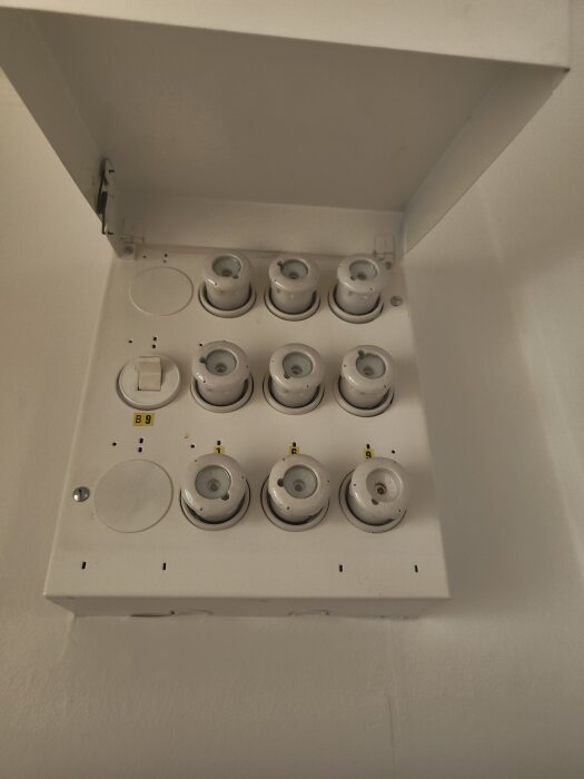 Äldre proppskåp med sex runda porslinssäkringar och en huvudströmbrytare, monterat på en vit vägg.