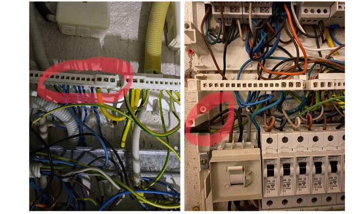 Två elcentraler med olika kopplingar, utan nolledare och 4-ledarkabel, markerade med röda cirklar vid kopplingsskruvar.