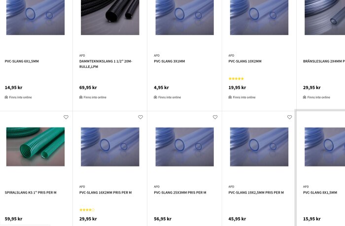 Bild på olika typer av slangar från Bauhaus med priser och specifikationer uppställda i ett rutnät, inklusive PVC-slangar och spiralslang.