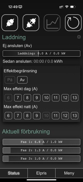 Appskärm visar inställningar för laddning med funktioner för effektbegränsning, max effekt dag/natt samt aktuell förbrukning i olika faser.