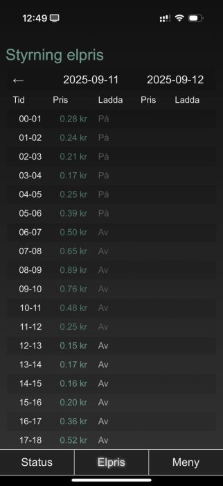 Mobilapp som visar tidsstyrd elprisreglering för laddning den 11-12 september 2025, med priser och status (På/Av) per timme.