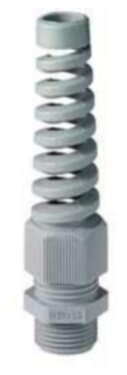 Grå kabelgenomföring med spiralformad brytskyddsdel, används för att skydda kablar från att böjas eller skadas.