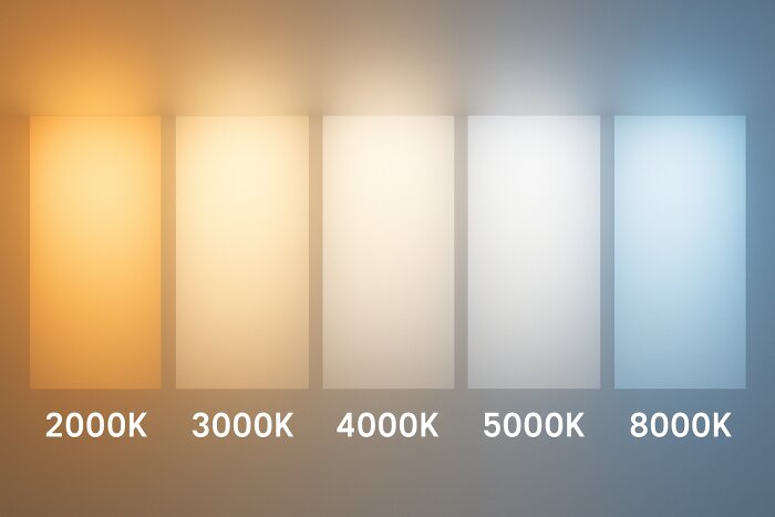 Bild som visar olika färgtemperaturer i Kelvin: 2000K, 3000K, 4000K, 5000K, 8000K, från varmt till kallt ljus.
