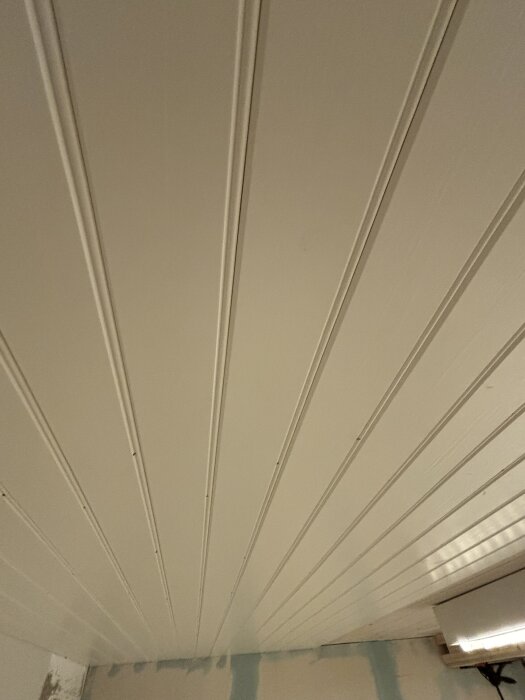 Pärlsponttak med vita brädor och hålkälslister under konstruktion.