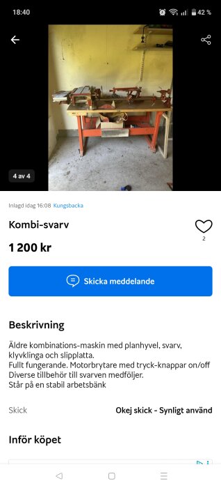 Äldre kombinationsmaskin Coronet med planhyvel, svarv och sågklinga, ståendes på en arbetsbänk i en verkstadsmiljö.