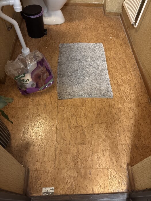 Asbestmatta på golv i källartoalett med grå badrumsmatta, toalettrulle, och växt.