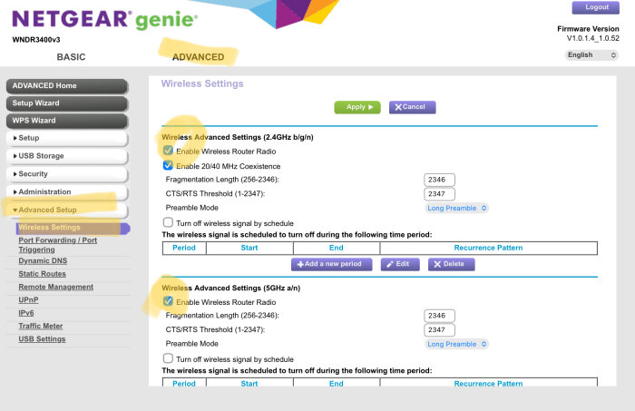 Netgear router inställningar med val för att aktivera eller inaktivera trådlös radio under avancerade inställningar för 2.4GHz och 5GHz.