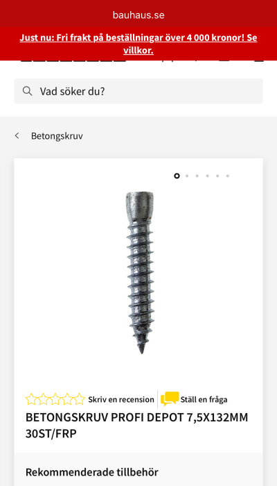Betongskruv med grövre gängor för användning i betong, visas på produktbild från Bauhaus med text om produktnamn och storlek.