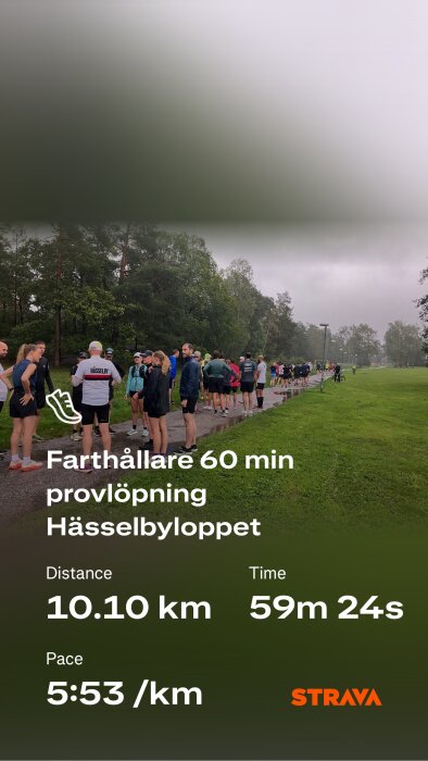 Löpare vid provlöpning för Hässelbyloppet på en regnig dag, med statistik: 10,10 km på 59 min 24 s, tempo 5:53/km.