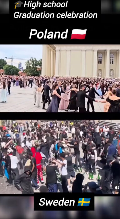 Översta bilden visar en polsk dans med par utomhus i fina kläder. Nedersta bilden visar en grupp unga som dansar och firar utomhus i Sverige.
