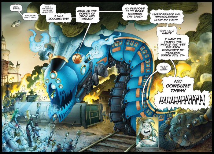 Tecknad bild av ett stort, mekaniskt tåg med ett monstruöst huvud, ånga och rök kring sig. Människor tittar fascinerat på.