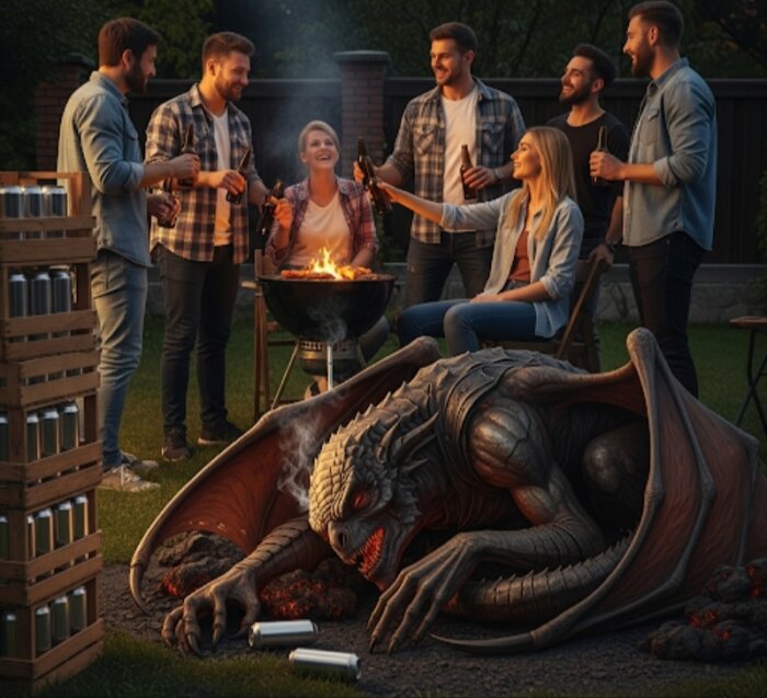 En grupp personer grillar och har en trevlig stund utomhus medan en stor, sittande drake syns bredvid dem.