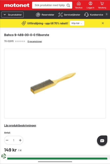 Bahco filborste med träskaft visas på Motonets produktsida, priset är 149 kr.