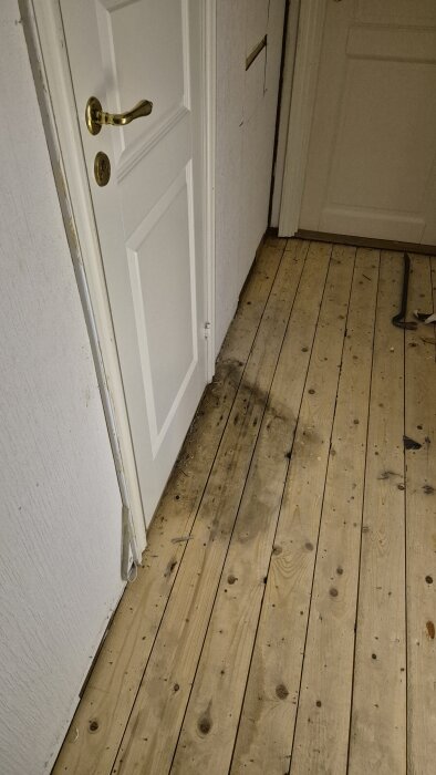 Golvbrädor i en hall där en fuktskada syns vid väggen, nära en vit dörr med mässingshandtag.