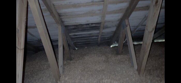 Bild av en kallvind med äldre träbjälkar och mörka fläckar på innertaket, eventuellt tecken på fuktskada eller mögel.