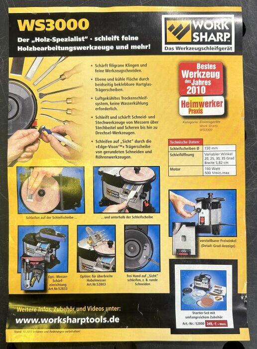 Reklambild för slipmaskinen Work Sharp WS3000, med text och illustrationer som beskriver funktioner och tekniska specifikationer för träbearbetning.