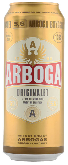 Ölburk av märket Arboga Originalet, guld och röd etikett, 5,6% alkoholhalt.