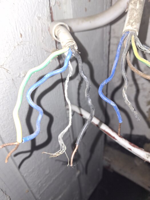 Flera gamla elkablar med olika färger som grön/gul, blå, svart och metalltråd hänger från en kopplingsbox i ett gammalt hus.