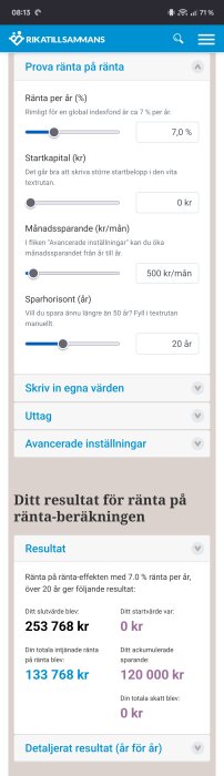 Ränta-på-ränta-kalkylator som visar sparande på 500 kr/mån under 20 år med 7% avkastning, slutvärde 253 768 kr, startvärde 0 kr, och intjänad ränta 133 768 kr.