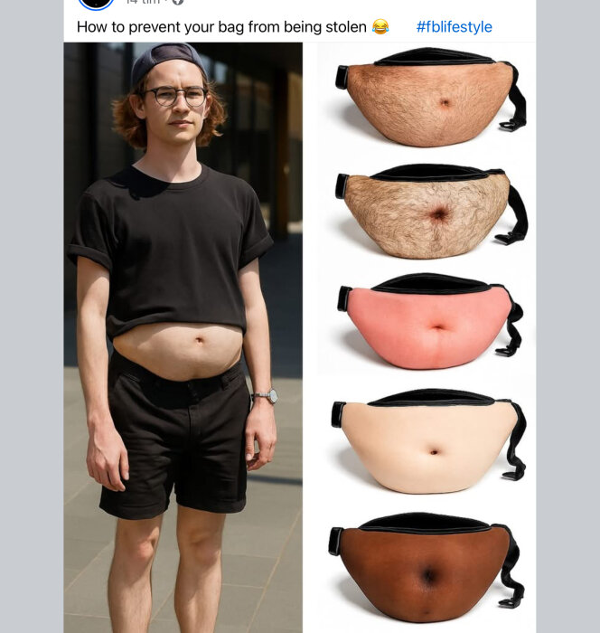 Man med magväska som ser ut som en naken mage. Flera andra magväskor i olika hudtoner och med hår visas intill honom.