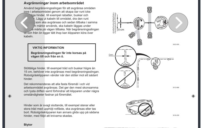 Instruktionsmanual med illustrationer för installation av begränsningsslinga för robotgräsklippare, inklusive råd om öar och hinderhantering.