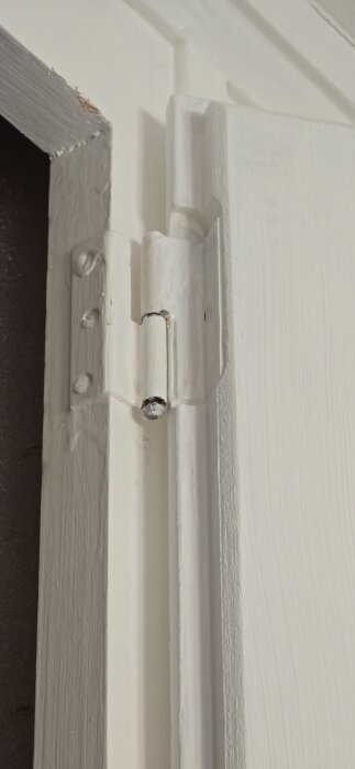 Närbild på ett vitmålat gångjärn som sitter i en garderobsstomme, vilket hindrar dörren från att stängas helt.
