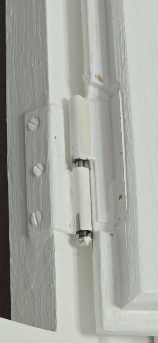 Närbild av ett vitt gångjärn på en garderobsdörr med synliga skruvar.