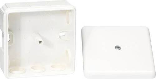 Vit kopplingsdosa med ett avtagbart lock, visas öppen för att illustrera var kopplingsklämman placeras.