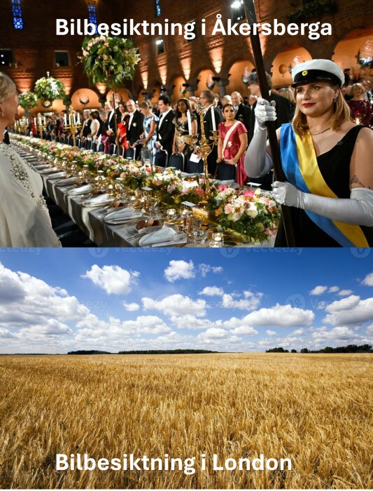 Övre bild: Formell middag med gäster framför dukat långbord, en kvinna i vit mössa i förgrunden. Nedre bild: Vetefält under klarblå himmel med vita moln.