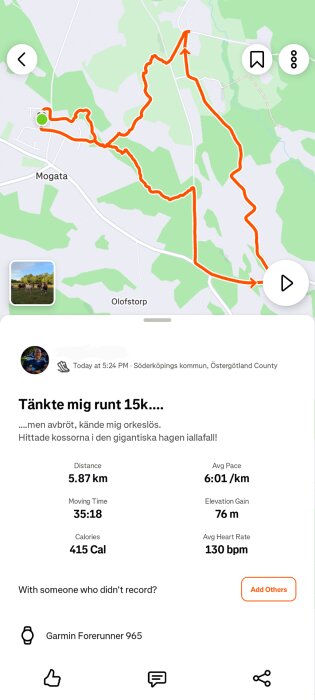 Karta över löprunda nära Mogata och Olofstorp med distans 5,87 km, snittempo 6:01 min/km, elevation 76 m, kalorier 415, puls 130 bpm.